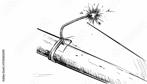 A black and white line drawing of a lit fuse tied to a section of a cylindrical object