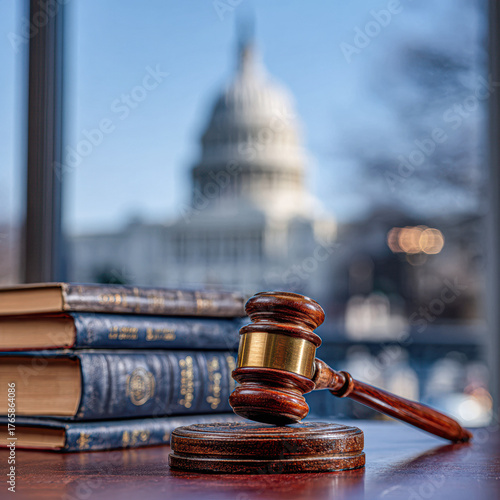 A wooden gavel rests on a desk, with law books nearby, and the U.S. Capitol building visible in the background, symbolizing justice and governance.