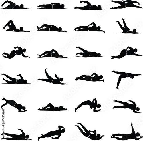 Swimming silhouette icons, freestyle stroke, butterfly stroke, breaststroke, backstroke, aquatic training, swimmer movement poses, sports exercise, fitness illustration,