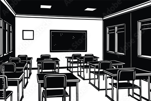 Empty classroom with desks and chairs in silhouette style