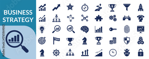 Collection of business strategy icons representing growth success and planning concepts