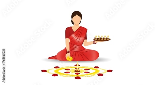 Woman in red saree holding a tray of diyas and sitting near a rangoli