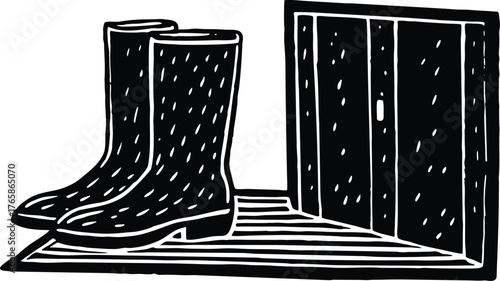 Pair of tall rain boots standing on a doormat next to a closed door silhouette