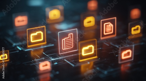 Abstract network grid with files and folders, futuristic software interface, digital document management system, store, search and organize documents, corporate business, paperless office