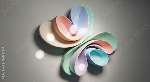 Abstract pastel colored sculpture with flowing organic shapes and soft lighting on a textured wall
