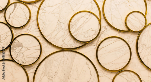 Abstract organic pattern of overlapping circles with subtle marble texture and golden outlines