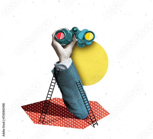 Vivid art collage showing a hand holding binoculars and ladders leaning against it. Concept of search, exploration and discovery.