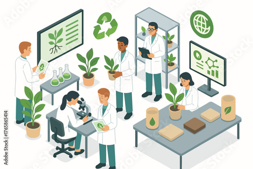 Diverse scientists conducting environmental research with sustainable practices