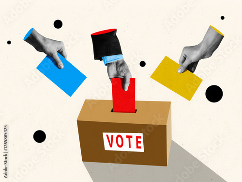 A hand inserts a ballot into a ballot box. Creative art collage.