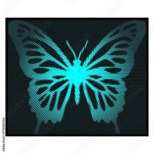 Blue butterfly made of shining halftone dots on a black background. Elegant vector design with luminous texture and luxury glow - perfect for prints, branding, and digital art projects.