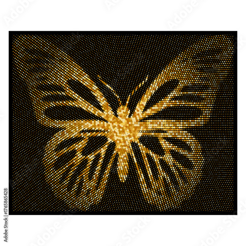 Golden butterfly made of shining halftone dots on a black background. Elegant vector design with luminous texture and luxury glow - perfect for prints, branding, and digital art projects.