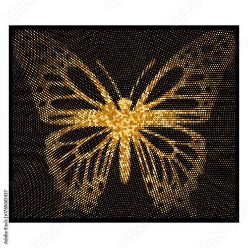 Golden butterfly made of shining halftone dots on a black background. Elegant vector design with luminous texture and luxury glow - perfect for prints, branding, and digital art projects.