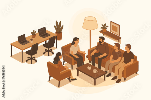 Group discussion in modern office setting with diverse young adults