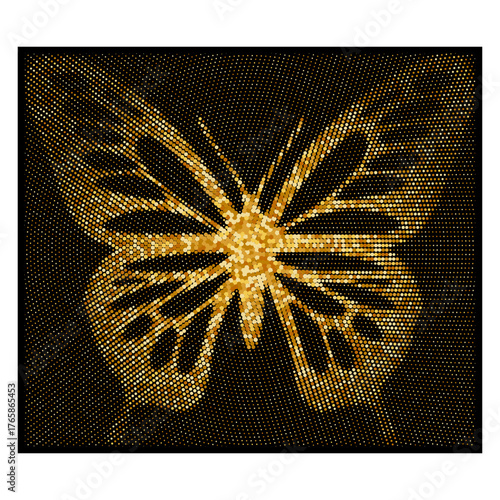 Golden butterfly made of shining halftone dots on a black background. Elegant vector design with luminous texture and luxury glow - perfect for prints, branding, and digital art projects.