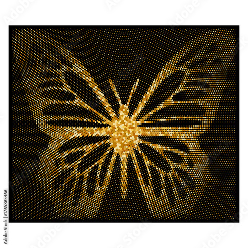 Golden butterfly made of shining halftone dots on a black background. Elegant vector design with luminous texture and luxury glow - perfect for prints, branding, and digital art projects.