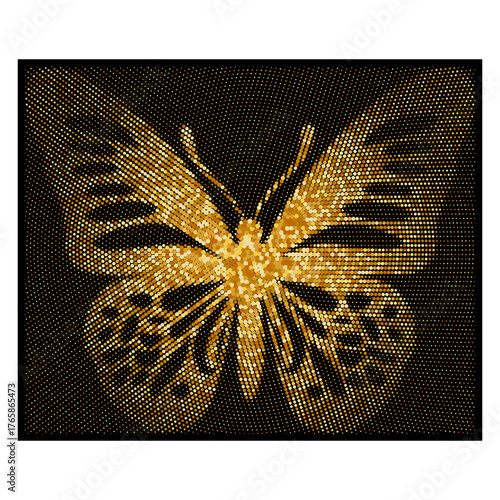 Golden butterfly made of shining halftone dots on a black background. Elegant vector design with luminous texture and luxury glow - perfect for prints, branding, and digital art projects.