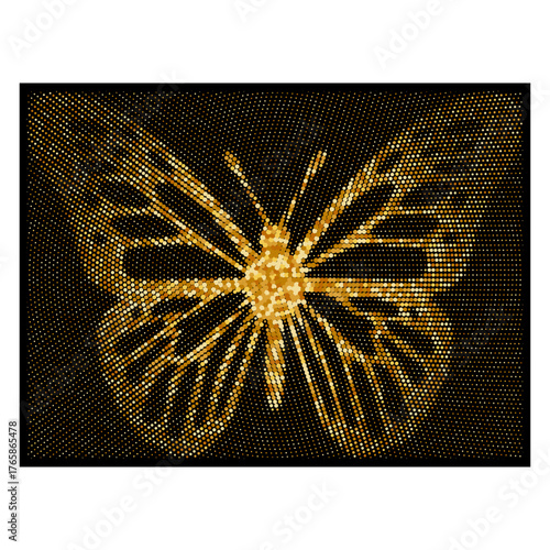 Golden butterfly made of shining halftone dots on a black background. Elegant vector design with luminous texture and luxury glow - perfect for prints, branding, and digital art projects.