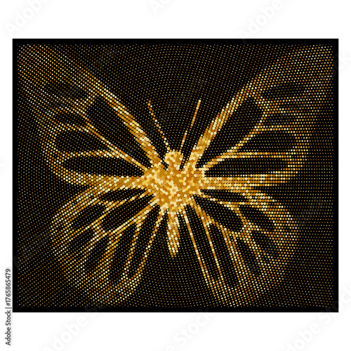 Golden butterfly made of shining halftone dots on a black background. Elegant vector design with luminous texture and luxury glow - perfect for prints, branding, and digital art projects.