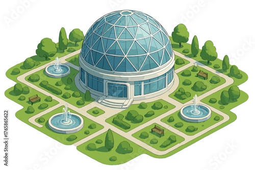 Geodesic dome conservatory with gardens and fountains in a lush park setting