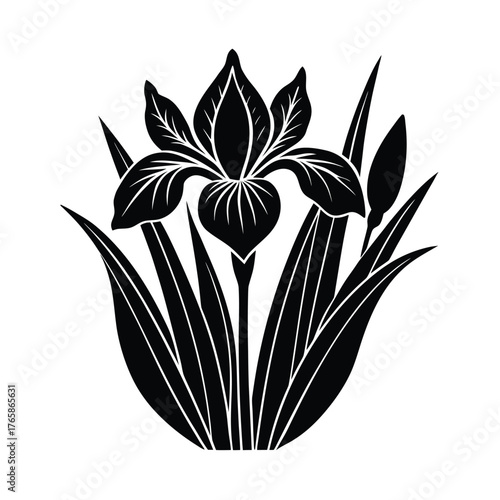 Art nouveau iris flower silhouette with long leaves and buds