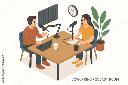 Young caucasian male and female podcasters recording in modern coworking space