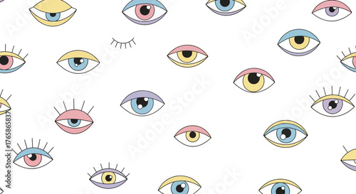 Whimsical Eye Pattern Featuring Various Colors and Eyelashes on White Background