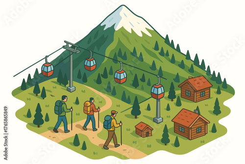 Hiking in mountainous landscape with cable cars and wooden cabins