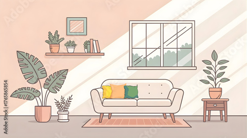 Stylish modern living room with indoor plants, sunlight through window, minimalist home design, flat illustration, cozy home decor background, Scandinavian-inspired interior