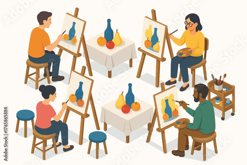 Diverse group of adults engaging in collaborative art class with easels and paints