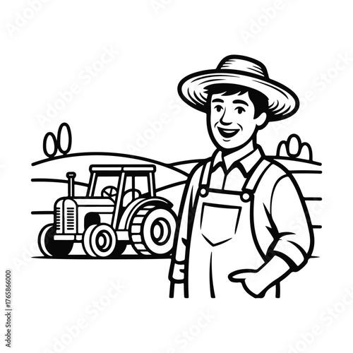 Farmer with Tractor in Field Line Art Illustration for Agricultural Themes
