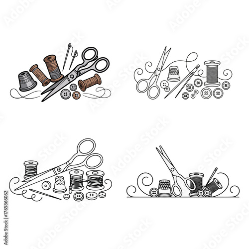 Collection of illustrations depicting sewing tools scissors, thread spools, needles, thimbles, and buttons for crafting, DIY, and tailoring