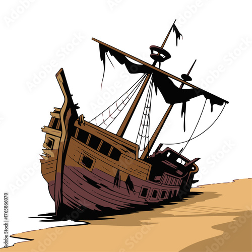 A weathered shipwreck stranded on a sandy shore, a visual of maritime history and the passage of time on the coast