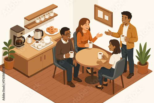 Diverse group of adults socializing in modern kitchen setting with coffee and pastries