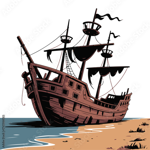 A classic wooden sailing ship rests peacefully on a sandy beach, with tattered sails and a rustic design, evoking a sense of adventure and nautical exploration