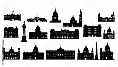 Collection of architectural silhouettes of buildings, structures in black, varying in shape and style