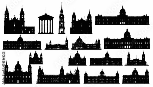 Silhouettes of diverse buildings, including churches, palaces, and classical structures, in black
