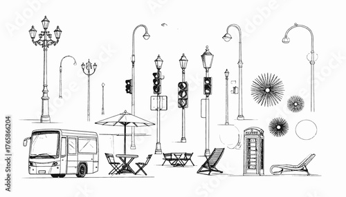 A black and white illustration of city elements, including street lamps, bus, seating, and phone booth