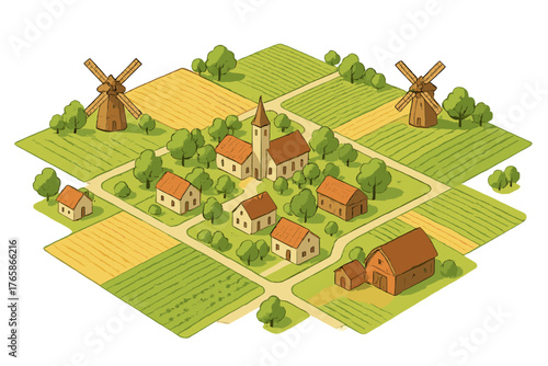 Cartoon village landscape with windmills and countryside fields