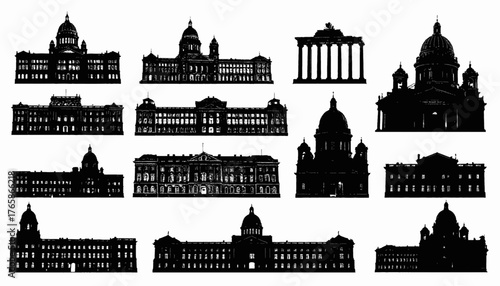 A collection of architectural silhouettes, featuring various buildings with domes, columns, and windows