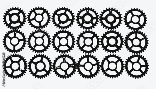A patterned composition of gears in an industrial illustration, black on white background