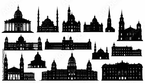 Black and white illustration of various buildings, churches, and cathedrals in silhouette form