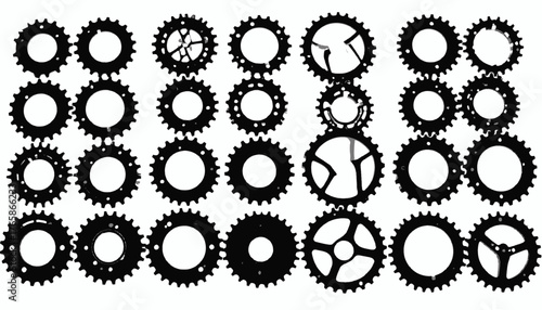 A collection of gear silhouettes, showing a variety of sizes and spoke designs, against white