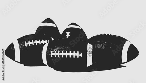 Black and white stylized image of multiple footballs, with a minimalist aesthetic