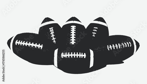 A stylized illustration features five overlapping footballs rendered in solid black
