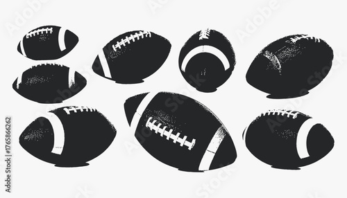 Seven stylized American football illustrations in varying perspectives set against a white backdrop