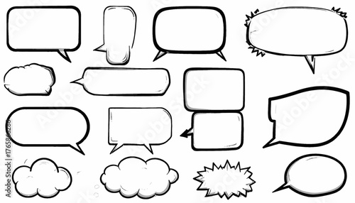 Black and white illustration of various speech bubbles and cloud-shaped comic book elements