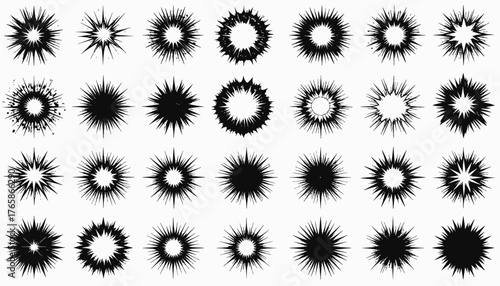 A grid of 30 circular illustrations. Each features an explosion burst or star-like shape in bold black