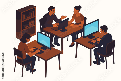 Diverse team collaborating at office desk with computers