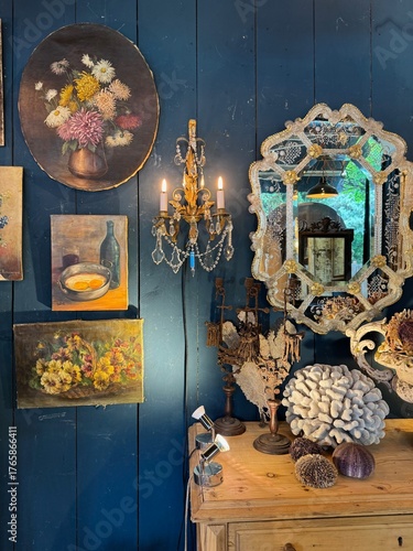 Antique Still Life Wall with Mirror and Paintings