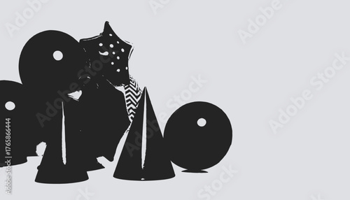 Silhouetted shapes, circular and conical, against a muted backdrop, creating a simple composition